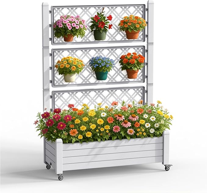 Raised Garden Bed with Trellis, 21 Gallon Self Watering Planter Box with Lockable Wheels & Drainage Holes for Climbing Plants Vegetables Flowers, Anti-Rust Resin for Backyard Patio (Ashen)