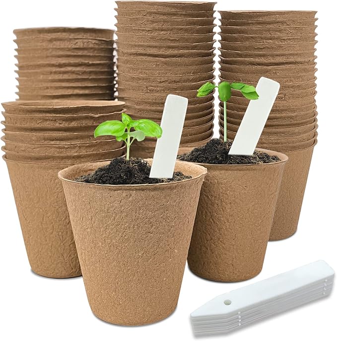40Pcs 3.15 Inch Peat Pots, Biodegradable Eco-Friendly Round Plant Seedling Starters Kit, Seed Germination Trays with 10 Labels for Flower Vegetable Tomato Saplings & Herb Germination, Khaki