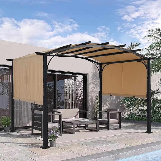MASTERCANOPY 10x10ft Outdoor Retractable Pergola with Sun Shade Canopy Patio Metal Garden Pergola,Beige