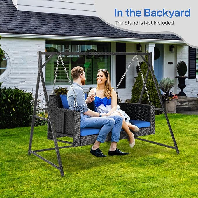 Outvita Porch Swing 2 Person Hanging Bench, Wicker Outdoor Swing Bench with Cushion and Pillow for Patio, Yard, Garden Hold Up to 800 lbs (Blue)