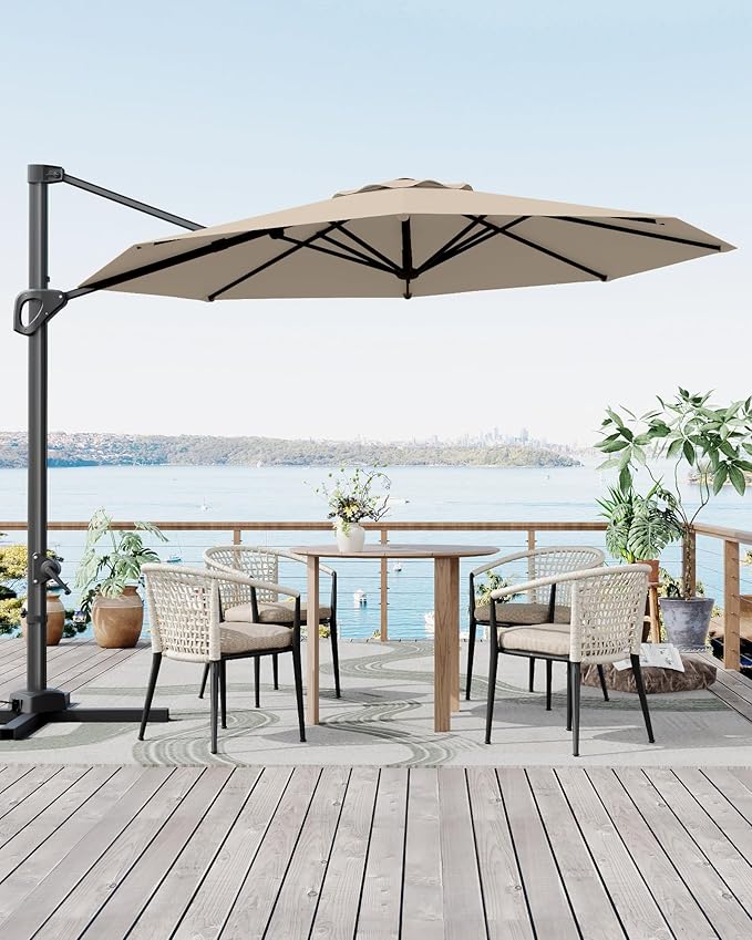 GarveeLife 10FT Patio Umbrella Outdoor Large Cantilever Umbrella Market Sun Shade Windproof Offset Umbrella with 360-Degree Rotation for Garden Deck Pool Patio, Tan