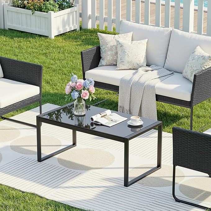 ONBRILL Rectangle Coffee Table with Tempered Glass Desktop, Galvanized Frame Outdoor Coffee Table with Adjustable Feet for Patio, Balcony, Deck, Living Room, Black