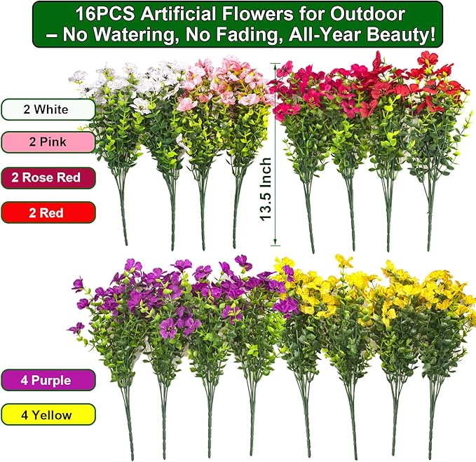 Artificial Fake Flowers for Outdoor Decoration, 16 Bundles Faux Silk Colorful UV Resistant Realistic for Outside Porch Patio Home Yard Garden Planters Pots Window Box (Mix(6 Color))