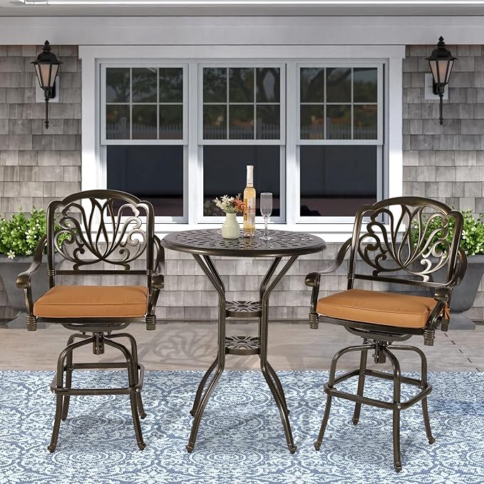 VIVIJASON 3-Piece Patio Swivel Bar Stools Set, All Weather Cast Aluminum Outdoor Bar Height Bistro Set with 2 Cushioned Bar Chairs & 31" High Bar Table w/Umbrella Hole for Backyard, Lawn, Garden