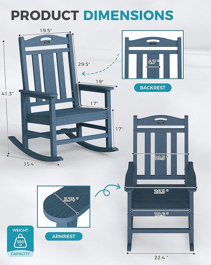 Ciokea Oversized Outdoor Rocking Chairs Set of 2, 380lbs Heavy-Duty Large Patio Rocker, High Back Cozy Porch Chairs, Weather Resistant Patio Rocking Chairs for Outside, Fire Pit, Deck, Slate Blue