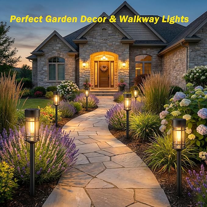 Solar Lights Outdoor Waterproof, 8 Pack 21" Solar Pathway Lights with Metal & Glass, Auto On/Off Garden Lights for Yard, Landscape, Driveway Walkway