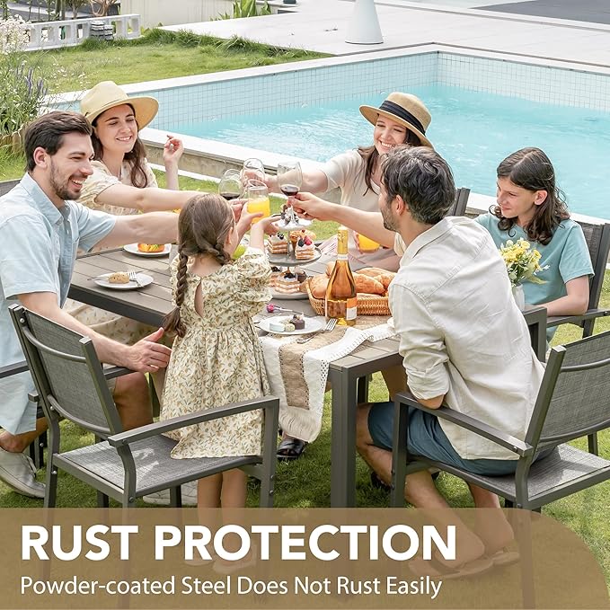Devoko Patio Dining Set 7 Piece Outdoor Furniture with Rectangular Table and 6 Stackable Chairs Family Conversation Set for Garden Backyard Deck (Grey)