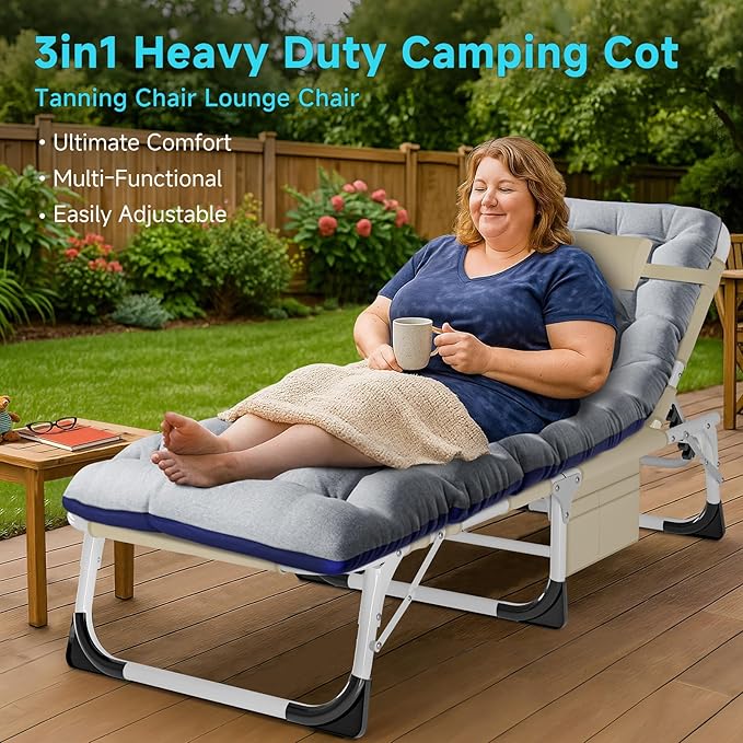ABORON Heavy Duty Tanning Chair, Outdoor 5-Position Folding Chaise Lounge Chair with Pad, Portable Beach Lounge Chair for Outdoor Sunbathing Patio Pool Lawn Deck Poolside