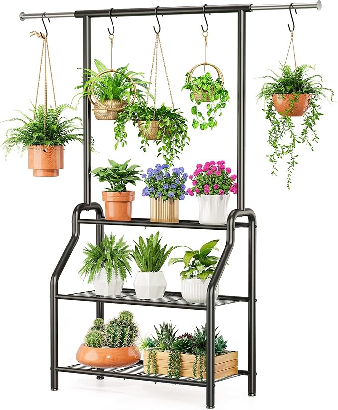 Plant Stand Indoor Outdoor, 3-Tier Heavy Duty Metal Hanging Plant Shelf, 61'' Tall Large Plant Holder Rack for Multiple Big Pots, Flower Stand for Living Room, Garden, Balcony, Black