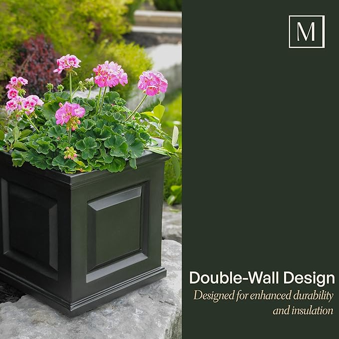 Mayne Nantucket 16-Inch Square Planter – Self-Watering, Weather-Resistant Planter for Flowers – Durable Outdoor Design for Patio, Porch, or Entryway