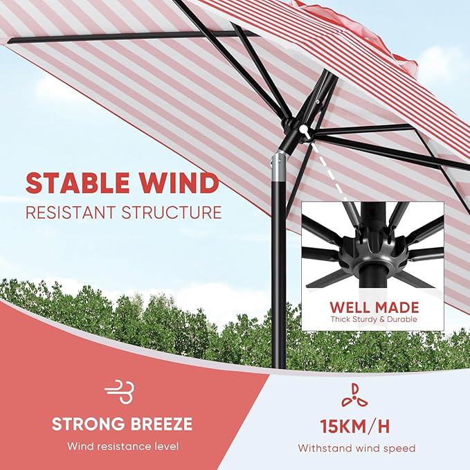 Tempera Patio Market Outdoor Table Umbrella with Auto Tilt and Crank, Large Sun Umbrella with Sturdy Pole & Fade Resistant Canopy, Easy to Set