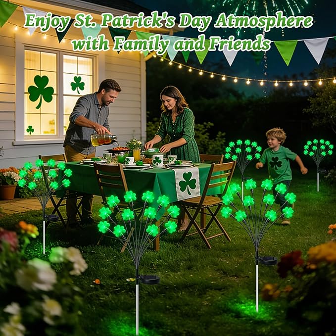 HELESIN St Patricks Day Decorations, 4 Pack St Patricks Day Outdoor Solar Lights with 2 Modes, Waterproof Shamrock Lucky Green Solar Stake Tree Lights for Yard Pathway Lawn Decorations
