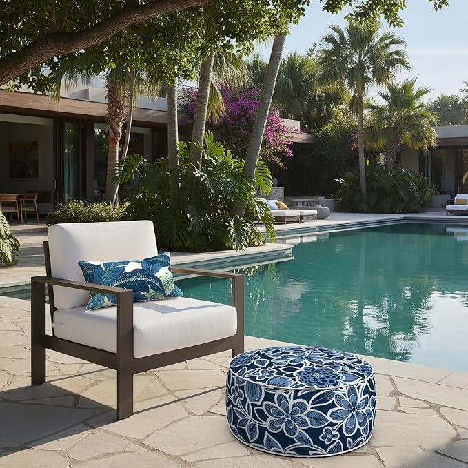 LVTXIII Indoor/Outdoor Inflatable Ottoman with Handle D21 x H9 Inch, Weather-Resistant Round Footstool Pouf for Patio Camping Living Room, Portable Footrest Extra Seating, Flower Navy