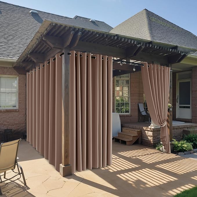 RYB HOME Outdoor Curtains for Patio Waterproof Block Sunlight Thermal Insulated Privacy Assured Thick Outside Curtains for Pergola, Cabana, Gazebo, W52" x L72", Mocha, 1 Panel