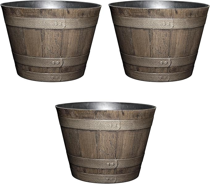 Classic Home and Garden Outdoor Round Whiskey Resin Flower Pot Barrel Planter, Distressed Oak Brown, 20.5" (Pack of 3)