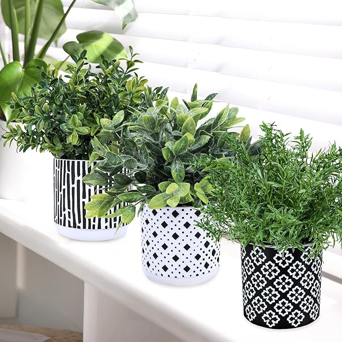 Winlyn 3-Pack Artificial Potted Plants - Faux Eucalyptus, Rosemary, Boxwood Greenery in Small Black & White Geometric Concrete Pots -Desk, Table, Shelf, Windowsill Decor for Indoor Outdoor Home Office