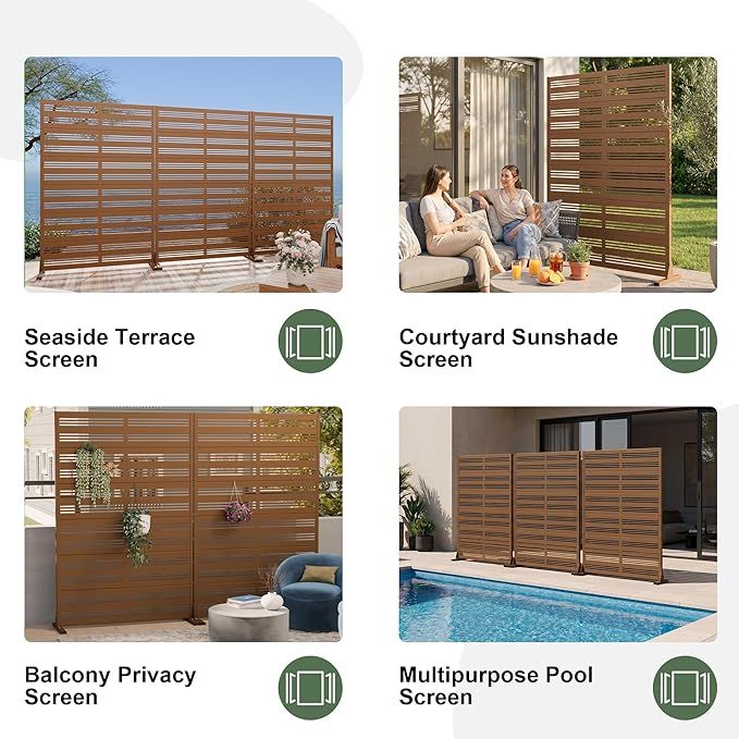 Casaphoria Metal Privacy Screen Outdoor, 72" H x 47" W Freestanding Decorative Privacy Screen for Patio Deck Balcony Garden with Stable Base, Brown-Harold