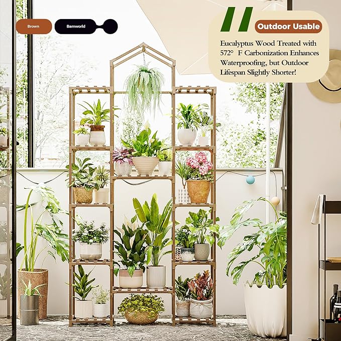 Bamworld 74.4" Tall Plant Stand Indoor Outdoor Wood Plant Shelf Hanging Plant Rack Tiered Flower Stands for Multiple Plants for Living Room Garden Balcony Patio
