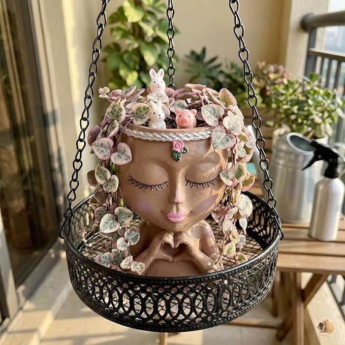 Face Planter Pot with Heart Hands, Resin Head Planter for Indoor Plants, Cute Succulent Pots with Drainage Hole, Gardening Gifts for Women Mom Teacher, 7.3" Home Decor (Brown)