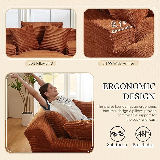 80 Inch Chaise Lounge Chair Indoor, Oversized Corduroy Upholstered Boneless Sofa Bed, Deep Seat Sleeper Couch Reading Chairs, Cloud Sofas Couches for Living Room, No Assembly Required (Brown)