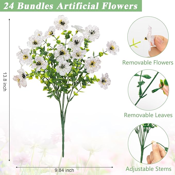 Bassion Artificial Flowers for Outdoors, 24 Bundles UV Resistant Fake Flowers Realistic Silk Faux Plants for Outdoor Planter Window Box Porch Patio Garden Home Outside Decorations