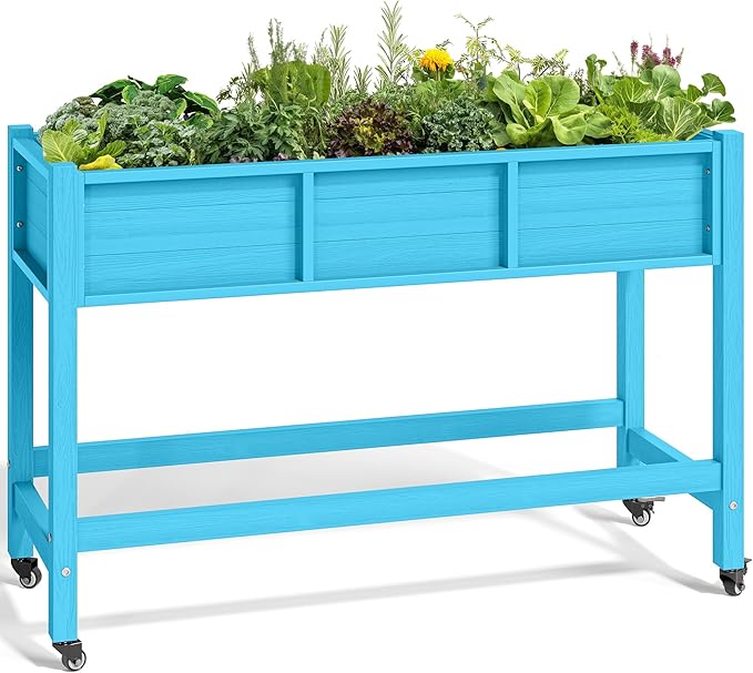 YITAHOME Raised Garden Bed HDPE, 47x18x31In Raised Flower Bed Poly-Wood Weather-Resistant Elevated Planter Box with Lockable Wheels for Vegetables, Aruba Blue