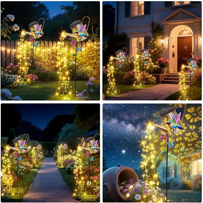 Solar Watering Can with Lights Outdoor Garden, 41in Large Hummingbird Garden Stake Lights, Waterproof Decoration for Yard Lawn Pathway, Gifts for Mom Grandma Women Birthday Gardening Gift