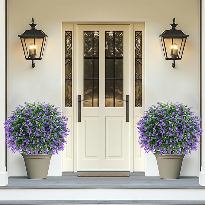 Artificial Boxwood Topiary Ball with Lavender, Set of 2 Artificial Shrub Bushes with Ground Spike, UV Resistant Fake Evergreen Plant Tree for Porch Outdoor Planters Indoor Valentine's Day