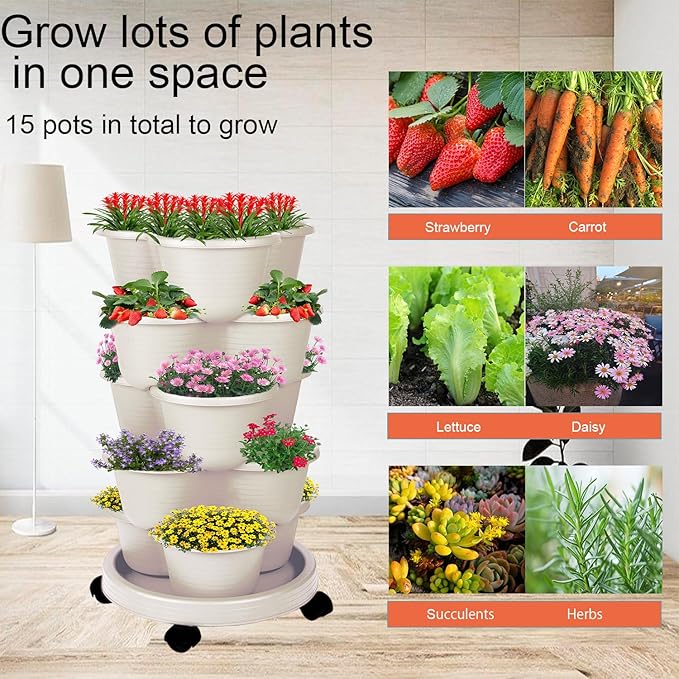 5-Tier Vertical Garden Tower Stackable Planter for Strawberries, Flowers, Vegetables & Herbs Beige