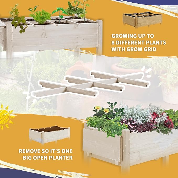 Outsunny Raised Garden Bed with 8 Grow Grids, Wooden Outdoor Plant Box Stand with Folding Side Table and Wheels, 49" x 21" x 34", for Vegetables, Flowers, Herbs, Natural
