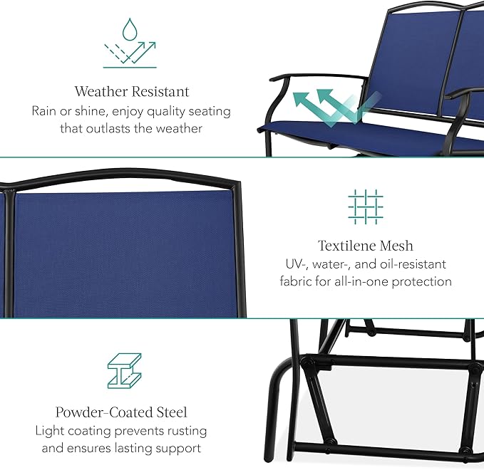Best Choice Products 2-Person Outdoor Patio Swing Glider Steel Bench Loveseat Rocker for Deck, Porch w/Textilene Fabric, Steel Frame - Navy/Black