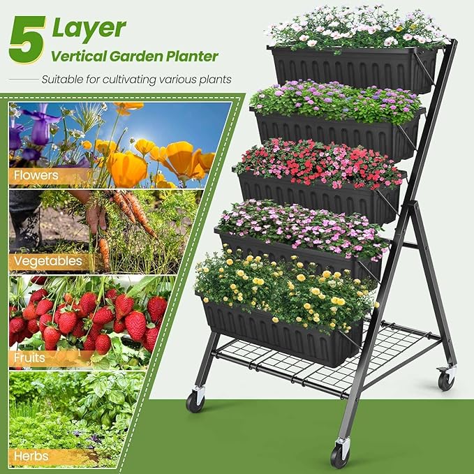 SEJOV 5-Tier Raised Garden Bed, 4FT Vertical Garden Planter with Storage Rack and Lockable Caster Wheels, Indoor Outdoor Raised Planter Box with Drainage System for Vegetables, Flowers, Herbs, Black