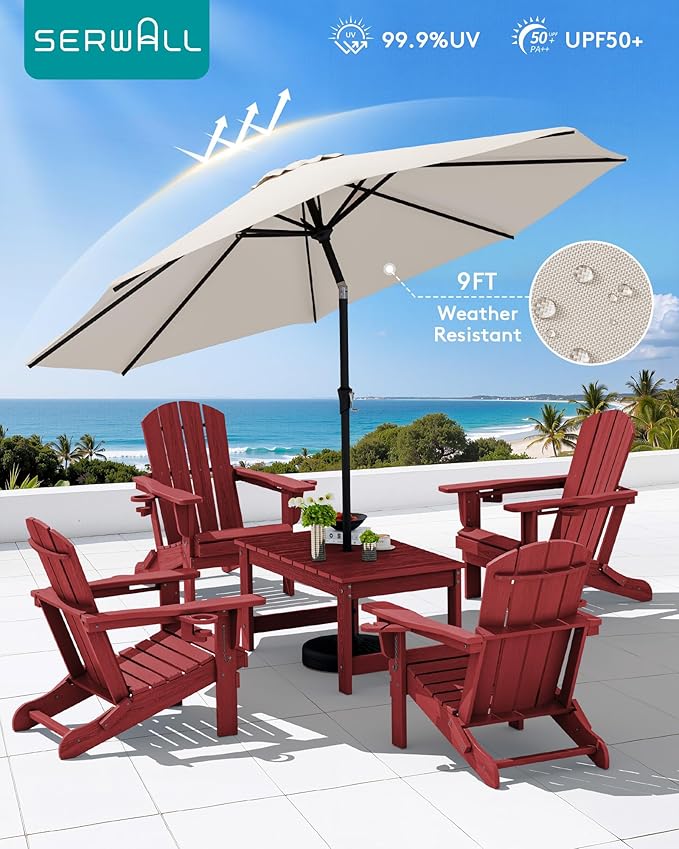 SERWALL Outdoor Coffee Table with 9FT Umbrella, HDPE Patio Coffee Table for Outside, Rectangle, Red(Not Include Umbrella Base)