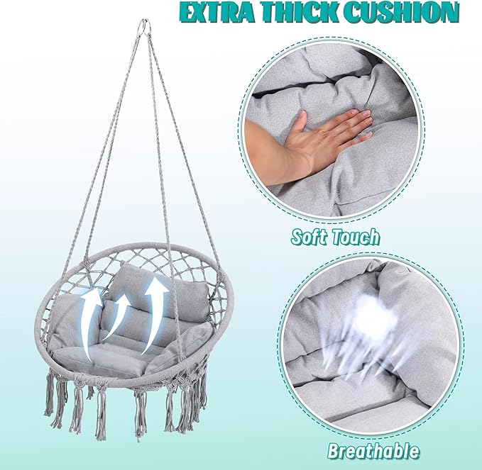 Macrame Hammock Hanging Swinging Chair with Medium Cushion, Perfect for Bedroom, Porch, Adults, Balcony, Grey