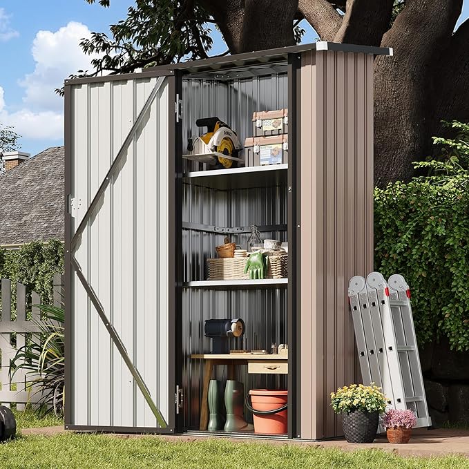 Aoxun Outdoor Storage Shed with Floor - Vertical Cabinet with 2 Adjustable Shelves & Lockable Doors, Waterproof Small Tool Shed, for Backyard Garden Patio Lawn Indoor, Brown