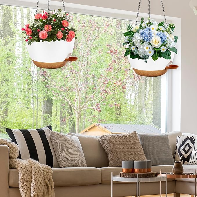 12 inch Hanging Planters for Indoor Plants, 2 Pack Self-Watering Hanging Planter Pots with Chain and Drainage Holes, Outdoor Plastic Hanging Baskets for Garden Home Decor