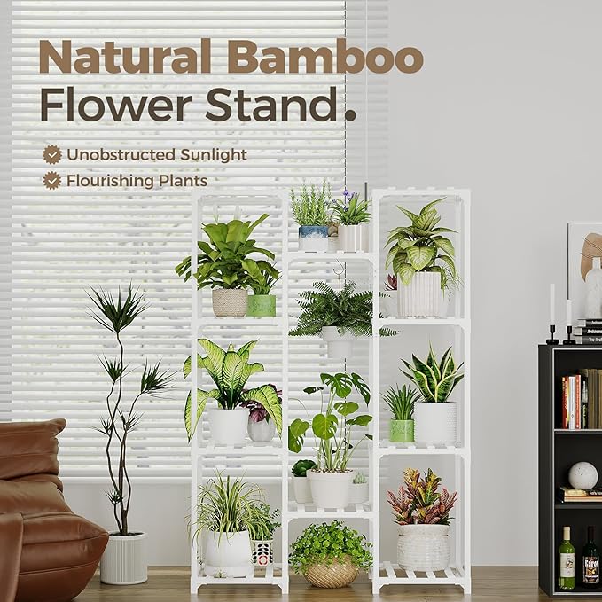 Bamworld White Plant Stand Indoor/Outdoor Ladder Plant Rack, 3 Tiers for 7 Pots, Living Room Boho Decor