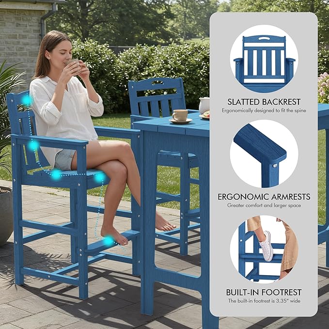 Ciokea Outdoor Bar Height Table Set of 5, 60" Extra Long Rectangle High Top Table and 4 Oversized Adirondack Chairs Set, Heavy-Duty All-Weather HDPE Patio Bar Set for Backyard Balcony Deck, Navy Blue
