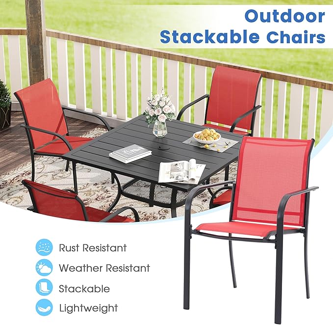 VICLLAX Patio Dining Set for 6, Outdoor Furniture Set Includes 63" Rectangle Patio Table and 6 Patio Sling Chairs, Outdoor Table and Chairs for Outsides, Black Tabletop and Red Fabric