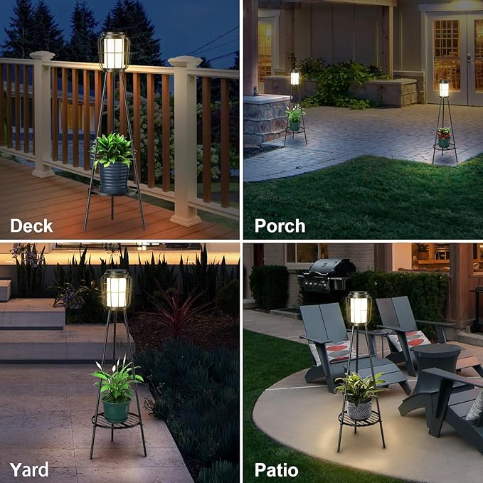 2 Pack Solar Lights with Plant Stand, Outdoor Floor Lamps, Waterproof Solar Powered Floor Lamps for Patio Deck Porch Yard Garden Decor