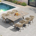 PURPLE LEAF 7 Pieces Longer Outdoor Dining Set with Patio Aluminium Dining Table and Wicker Chairs Modern Furniture Cushions Sets for Backyard Indoor Decor Kitchen Champagne