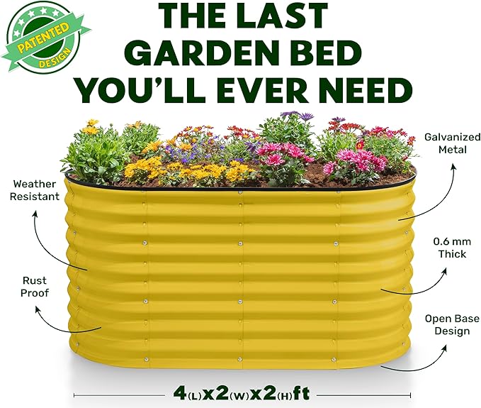 Plant & Plot Galvanized Raised Garden Beds Outdoor // 4×2×2 ft Planter Raised Beds for Gardening, Vegetables, Flowers // Large Metal Garden Box (Yellow) // Patented Tool-Free Design