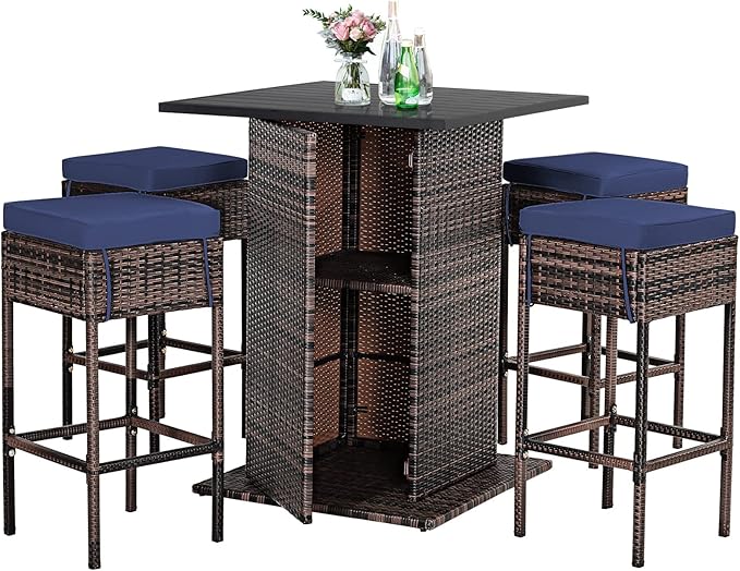 Tangkula 5 Piece Outdoor Rattan Bar Set, Patio Bar Furniture with 4 Cushions Stools and Smooth Top Table with Hidden Storage Shelf, Outdoor Conversation Set for Poolside, Backyard, Lawn (Navy Blue)