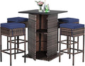 Tangkula 5 Piece Outdoor Rattan Bar Set, Patio Bar Furniture with 4 Cushions Stools and Smooth Top Table with Hidden Storage Shelf, Outdoor Conversation Set for Poolside, Backyard, Lawn (Navy Blue)