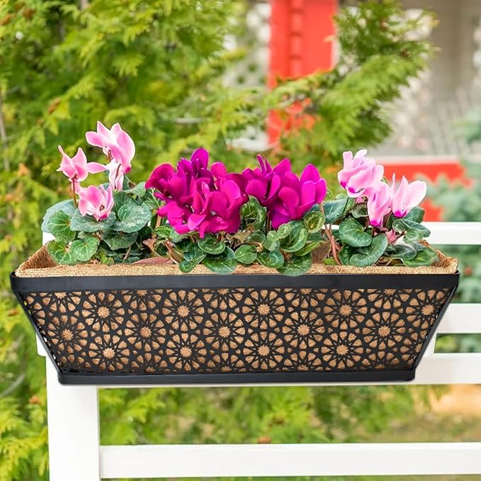 Halatool 24 Inch Window Box with Coco Liner, 2 Pack Sturdy Metal Flower Railing Planter with Coco Coir Basket Liners for Window Deck Fence Porch Balcony and Patio Outdoor Indoor Lawn