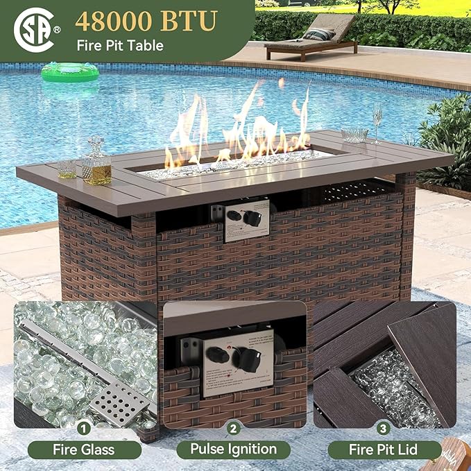 Aoxun 7 Piece Patio Furniture Set with Wide Armrests & 44” Fire Pit Table Wicker Rattan Outdoor Sectional Sofa Set with Coffee Table and Thick Cushion, Khaki (Waterproof Cover Included)