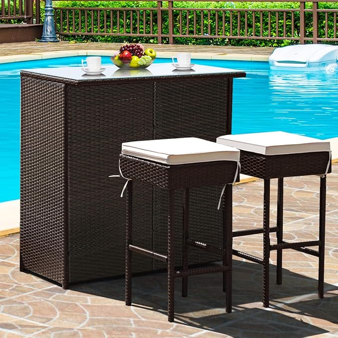 Tangkula Patio Bar Set, 3 Piece Outdoor Rattan Wicker Bar Set with 2 Cushions Stools & Glass Top Table, Outdoor Furniture Set for Patios Backyards Porches Gardens Poolside (Beige)