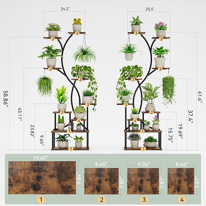 Plant Stand Indoor with Grow Lights 9 Tiered Wood Plant Shelf 62" Tall Plant Stand Metal Frame for Indoor Plants Multiple Flower Pot Holder, Large Plant Rack for Living Room Patio Corner 2 Pack