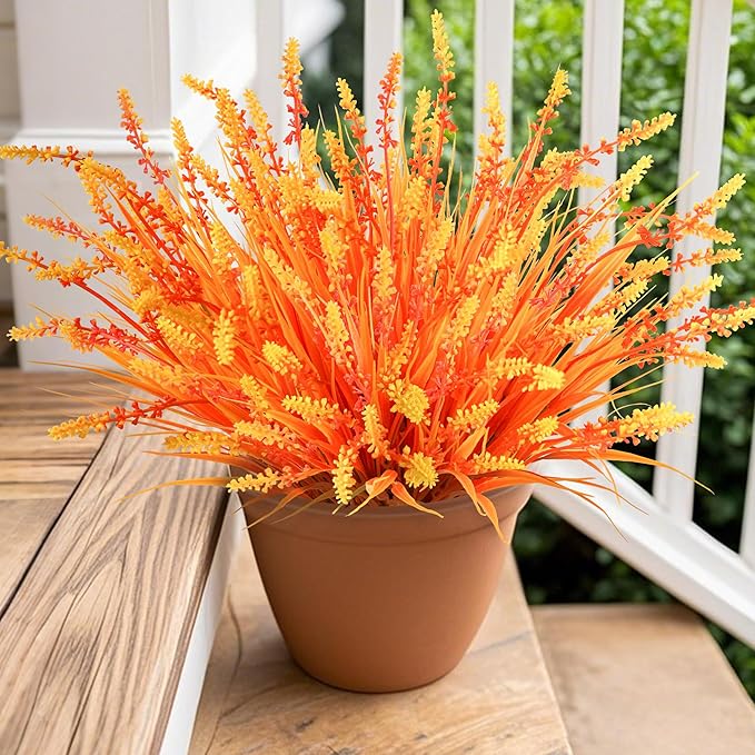 Artificial Fall Fake Outdoor Plants Flowers for Autumn Decoration,10 Bundles Faux Plastic Tall Monkey Grass Greenery UV Resistant Realistic for Home Outside Planter Window Porch Patio Garden (Orange)
