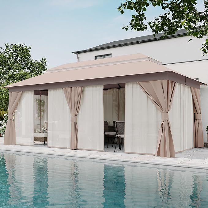 LAUSAINT HOME Semi-Permanent Outdoor Patio Gazebo 10'x20', Heavy Duty Party Tent Shelter with Double Roofs, Mosquito Nettings and Privacy Screens for Backyard, Garden, Lawn, Khaki
